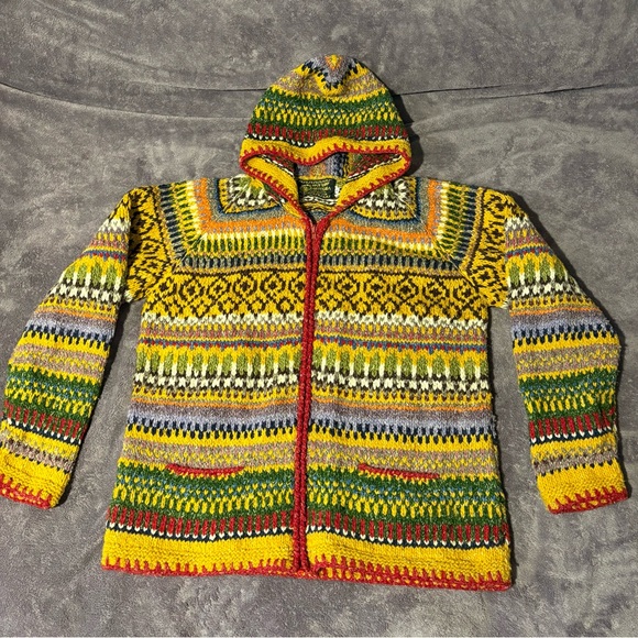 RAIMI ARTESANIA Sweaters - Zip-Up Multicolor Knit Hooded Sweater /Cardigan 100% Wool